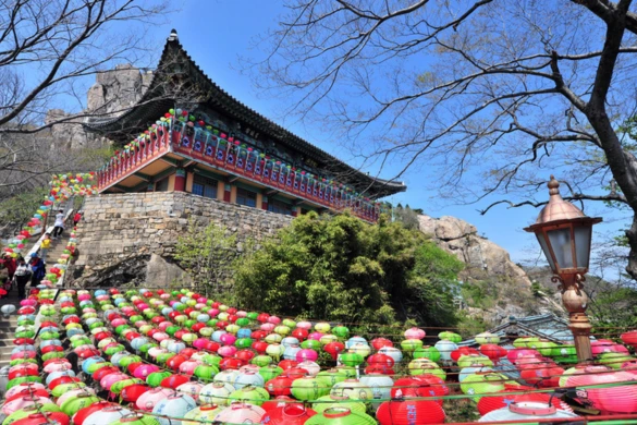 Temple décoré de lanternes pour l'anniversaire de Bouddha