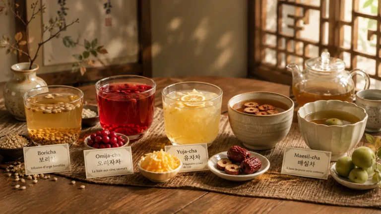Boricha (보리차) Omija-cha (오미자차) Yuja-cha (유자차) : Daechu-cha (대추차) Maesil-cha (매실차)
